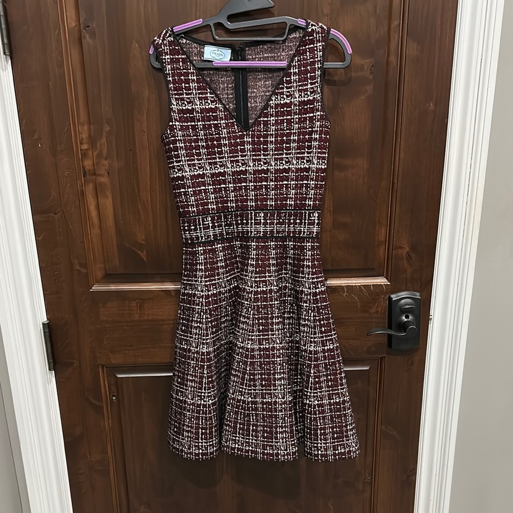 Prada Red and White A-line Midi Dress V-neck Sleeveless